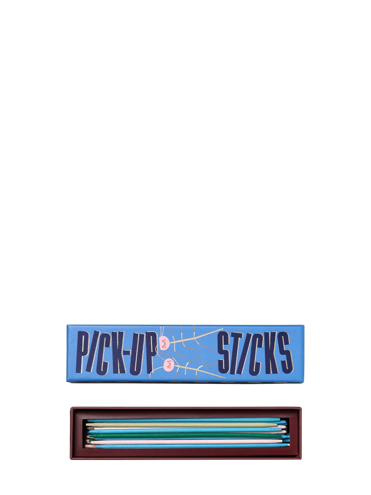 A boxed set of pick-up sticks game shown on a plain white background, with the blue lid labeled 'PICK-UP STICKS' above an open dark tray containing multiple colored sticks.