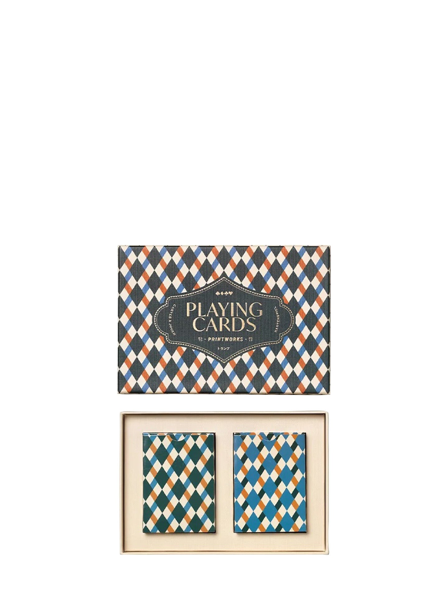 A boxed deck of patterned playing cards shown on a white background, with the closed box above and the open tray with two cards below. The cards and box feature an argyle-style diamond pattern in teal, navy, cream, and rust orange, with a dark central label reading 'PLAYING CARDS' and smaller text 'Printworks'.