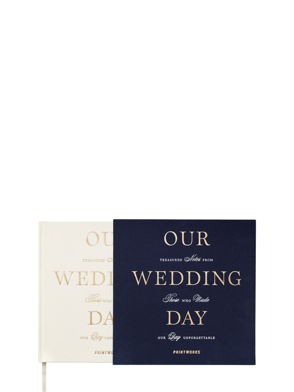 A cream white guest book peaking from dark blue slipcover with text 'Our wedding day' on a white background