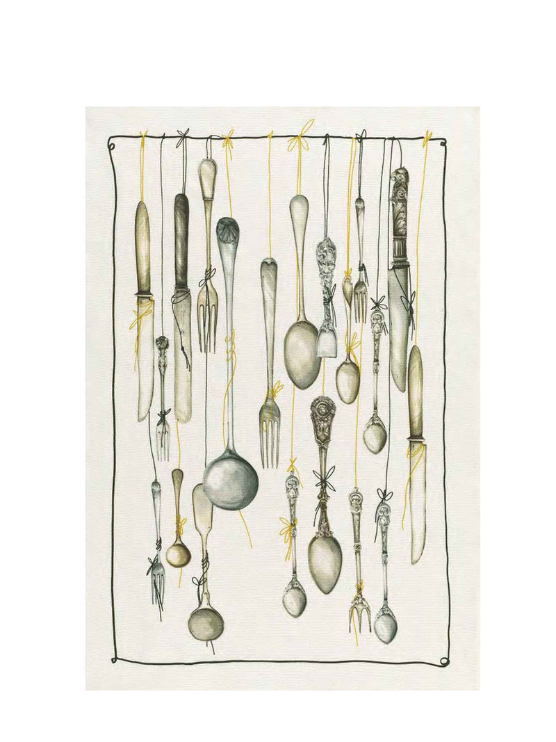Tea towel with illustration old-fashioned  cutlery hanging on string on a white background