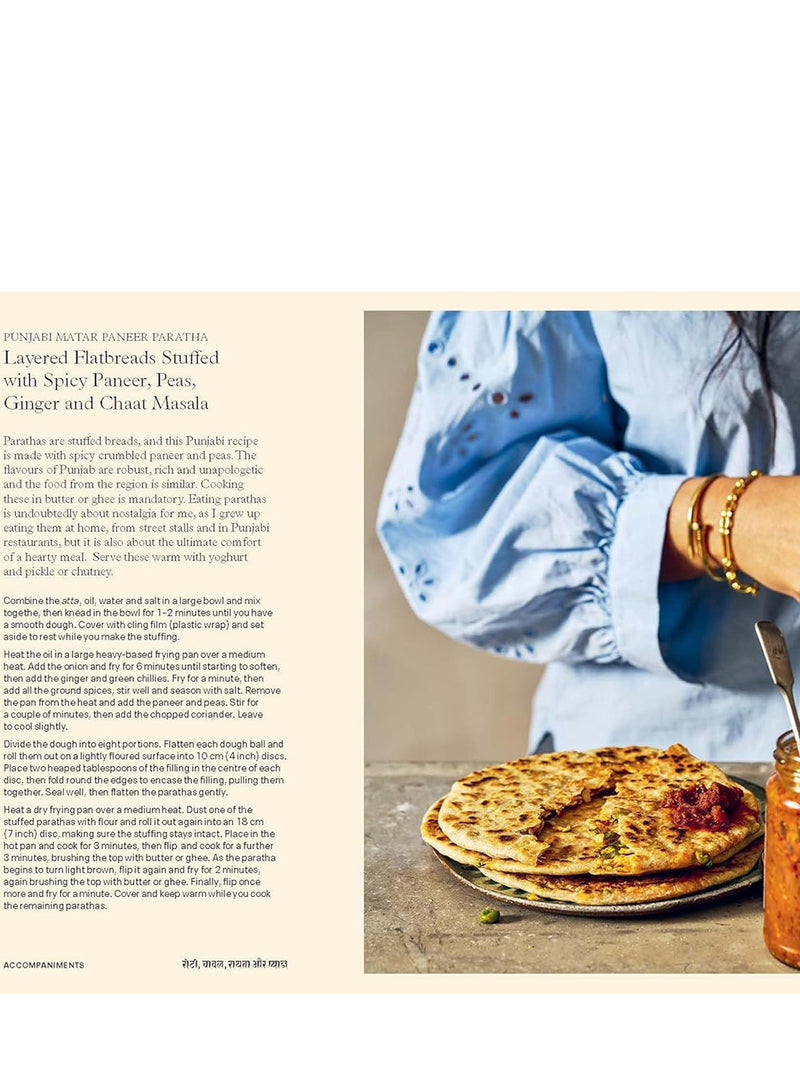 Partial picture of page spread of the recipe for Punjabi Matar Paneer Paratha, or Layered Flatbreads Stuffed with Spicy Paneer, Peas, Ginger and Chaat Masala illustrated with a person in blue blouse holding a plate of flatbreads with a jar of delicious looking paste on a jar on the side