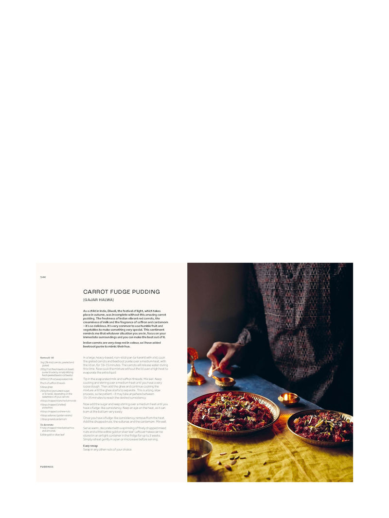 Page from a cookbook with a recipe for carrot fudge pudding and an image of a person serving it.