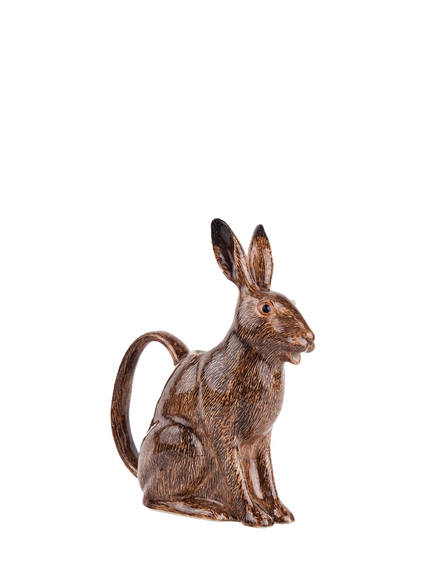A small brown rabbit water pitcher with a textured, realistic finish, shown in profile against a solid white background.