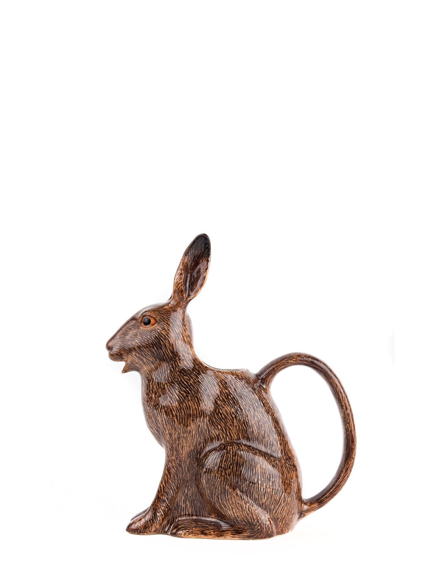 A brown ceramic rabbit-shaped jug with a long handle and open snout for pouring, shown against a plain white background.