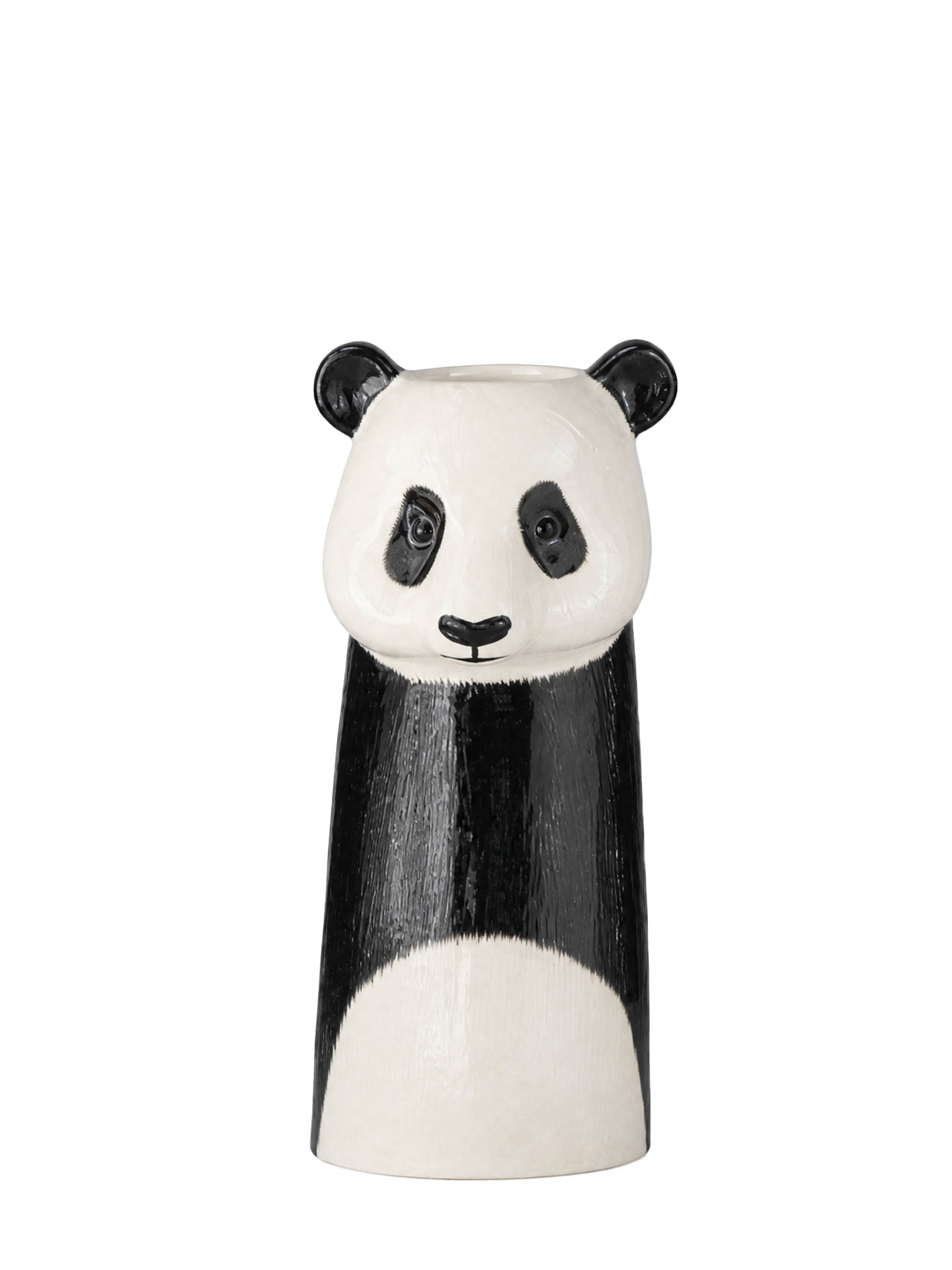 A tall ceramic panda-shaped vase with a glossy black and white finish, set against a plain white background.