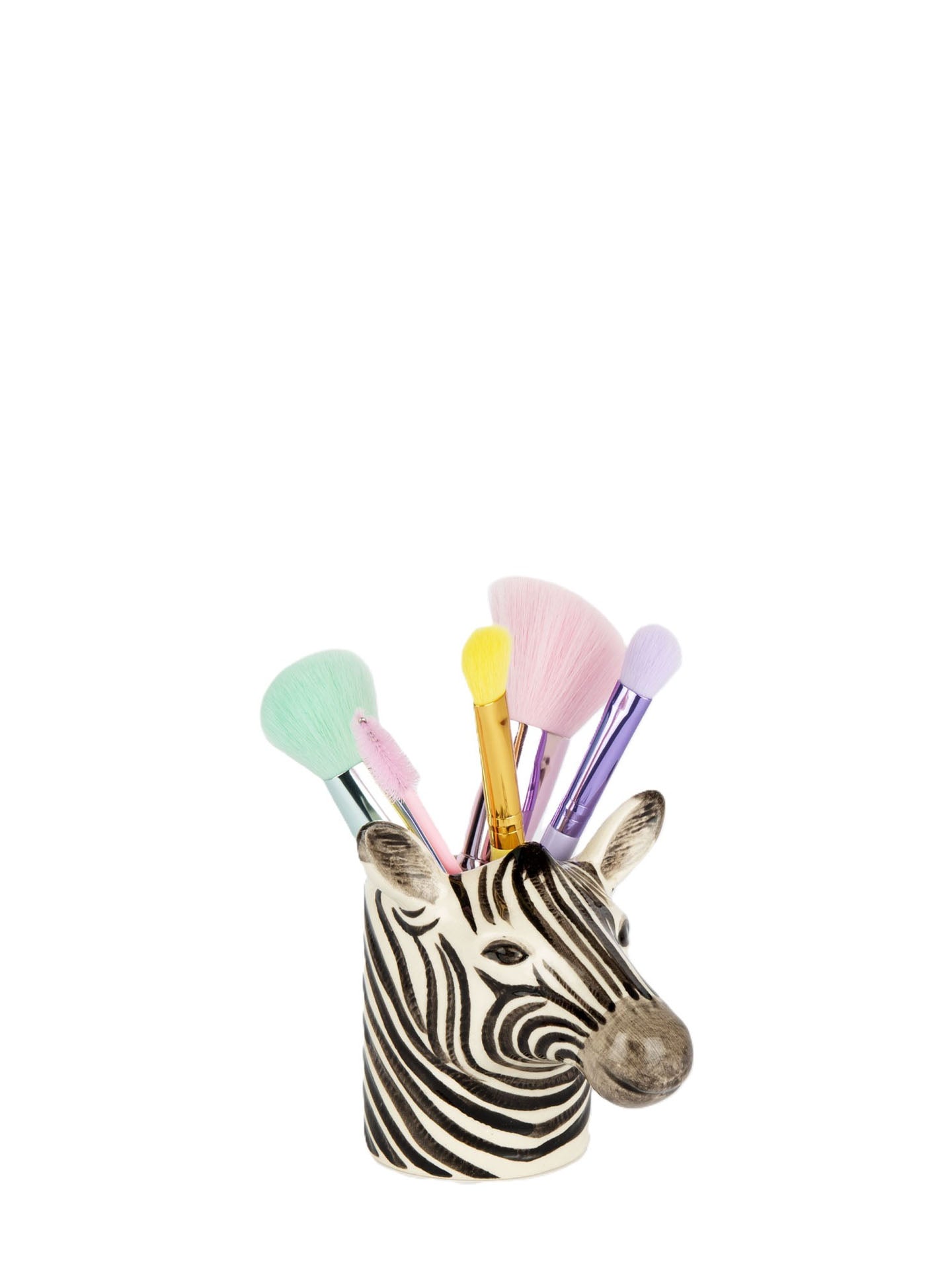 A zebra-head makeup brush or pen holder filled with colorful makeup brushes, shown on a plain white background.