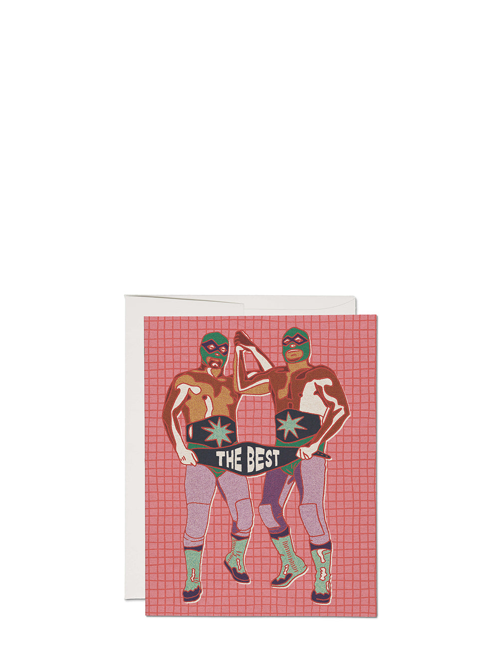 Greeting card with two figures in superhero costumes on a pink grid background