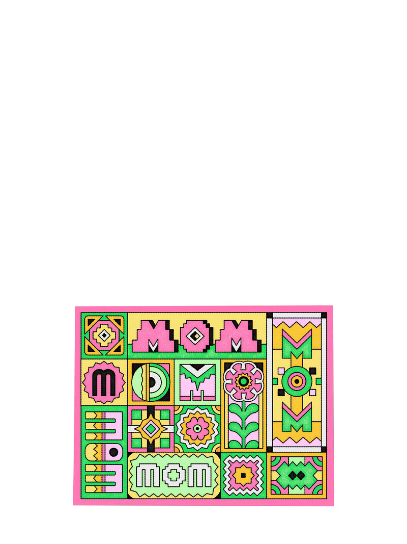 Colorful patterned patch with 'MOM' text on a white background