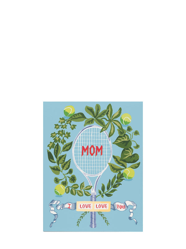Card with a tennis racket, leaves, and 'Mom' text on a blue background