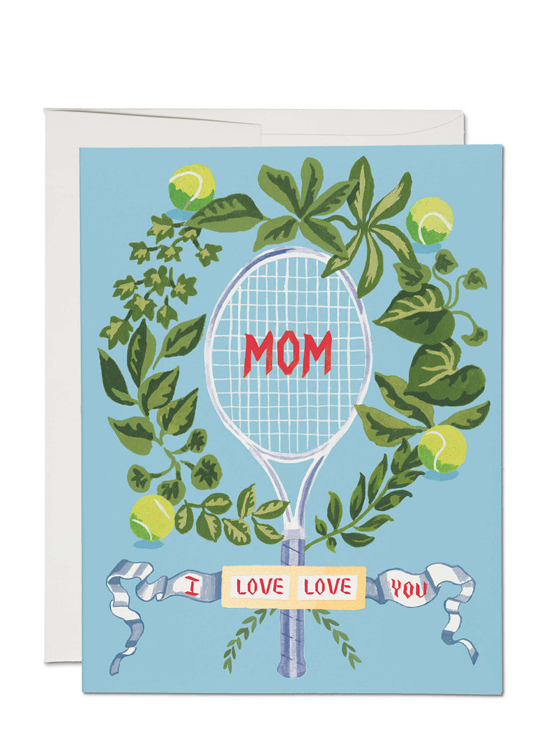 Greeting card with MOM text, tennis racket and leaves on a blue background