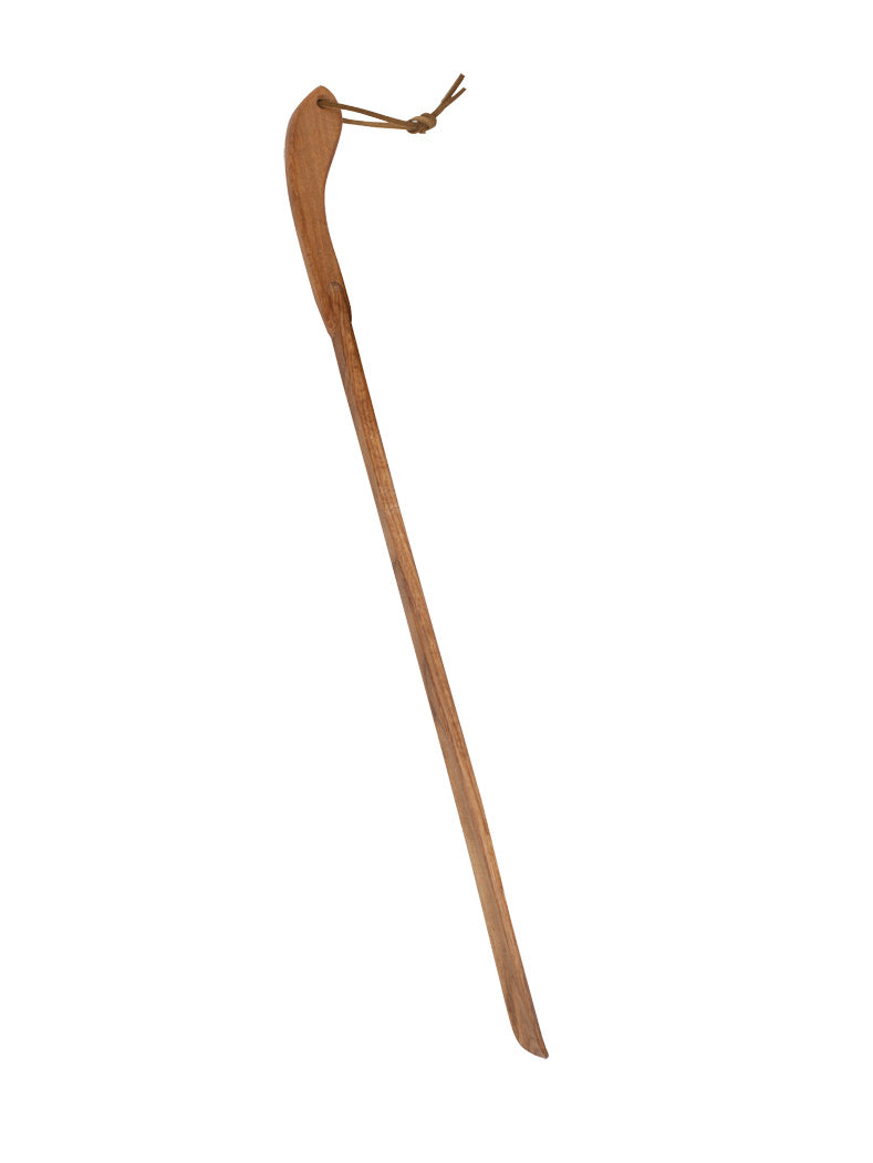 Wooden shoe horn with leather strap