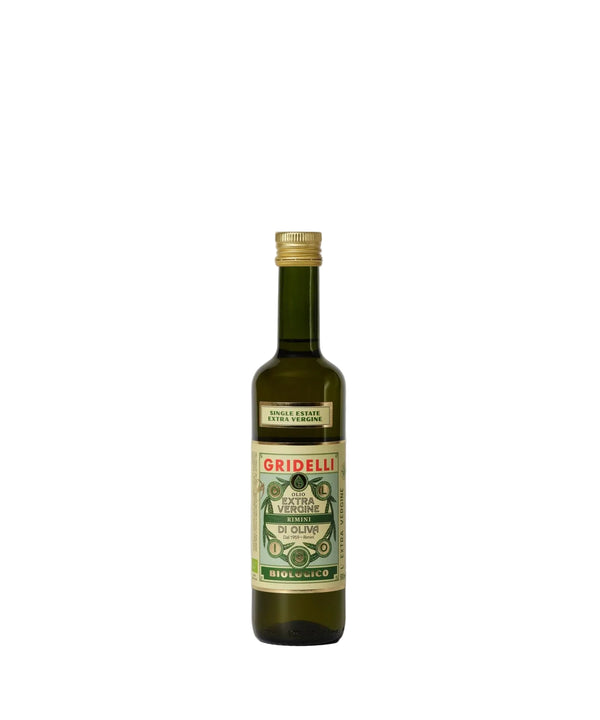 Gridelli olive oil bottle on a light gray background