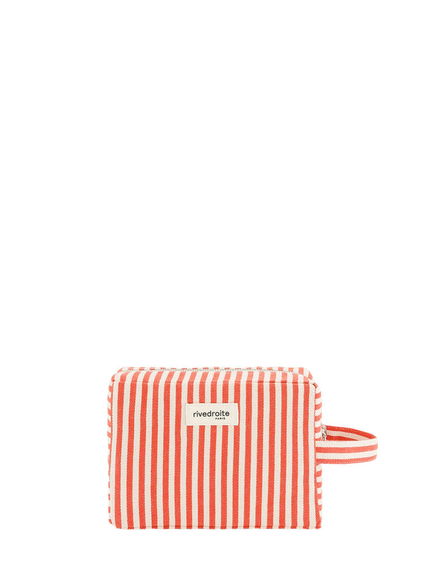 A rectangular cosmetic pouch with vertical red and white stripes, featuring a small white label that reads 'rivedroite paris' and a matching striped carrying loop, set against a plain white background.