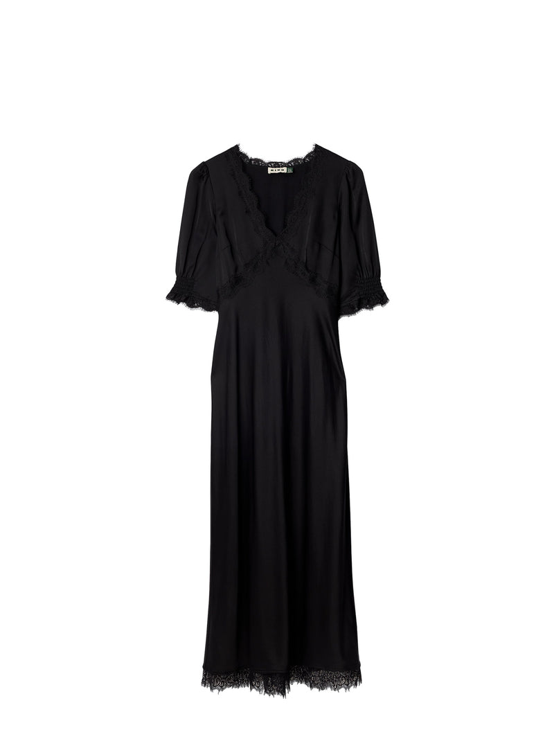 Annina satin lace dress, black