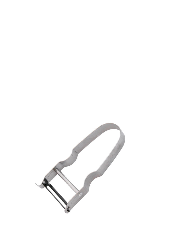 Stainless steel metal peeler with a aluminium handle on a white background