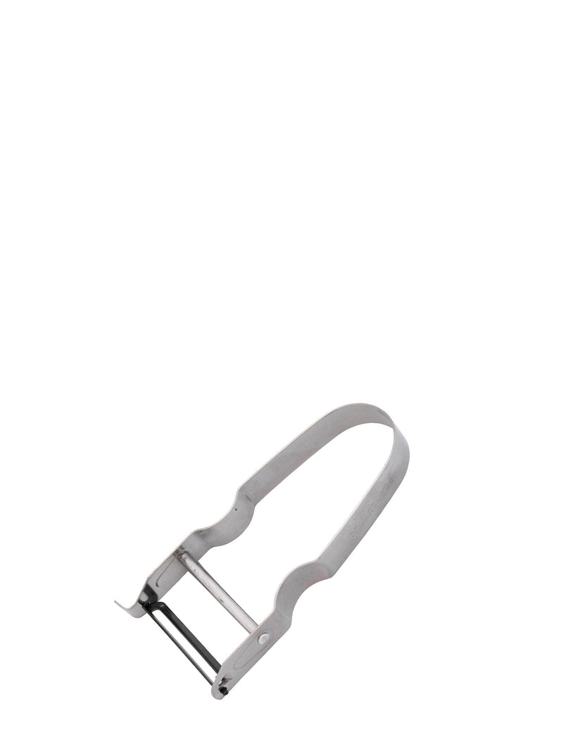 Stainless steel metal peeler with a aluminium handle on a white background