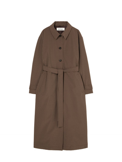 Technical check belted coat, brown multi check
