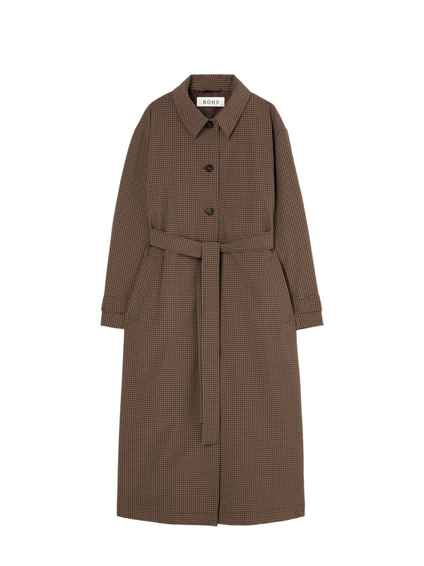 Brown checkered coat with a belt on a white background