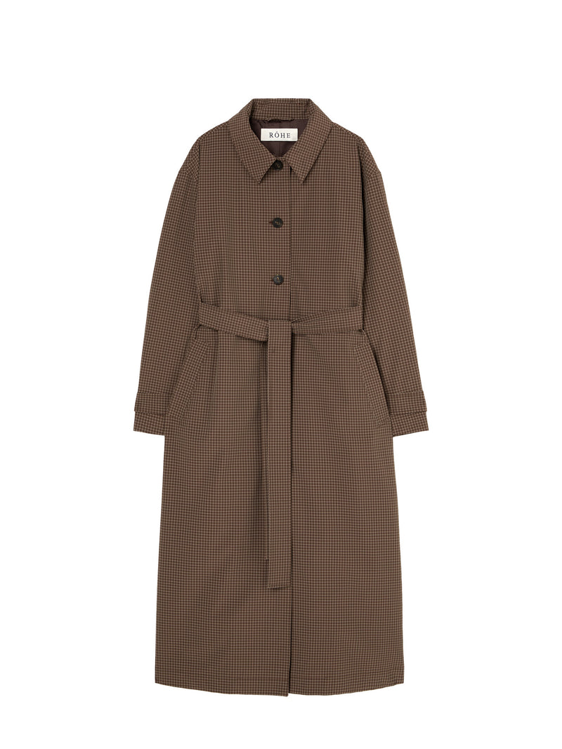 Brown checkered coat with a belt on a white background