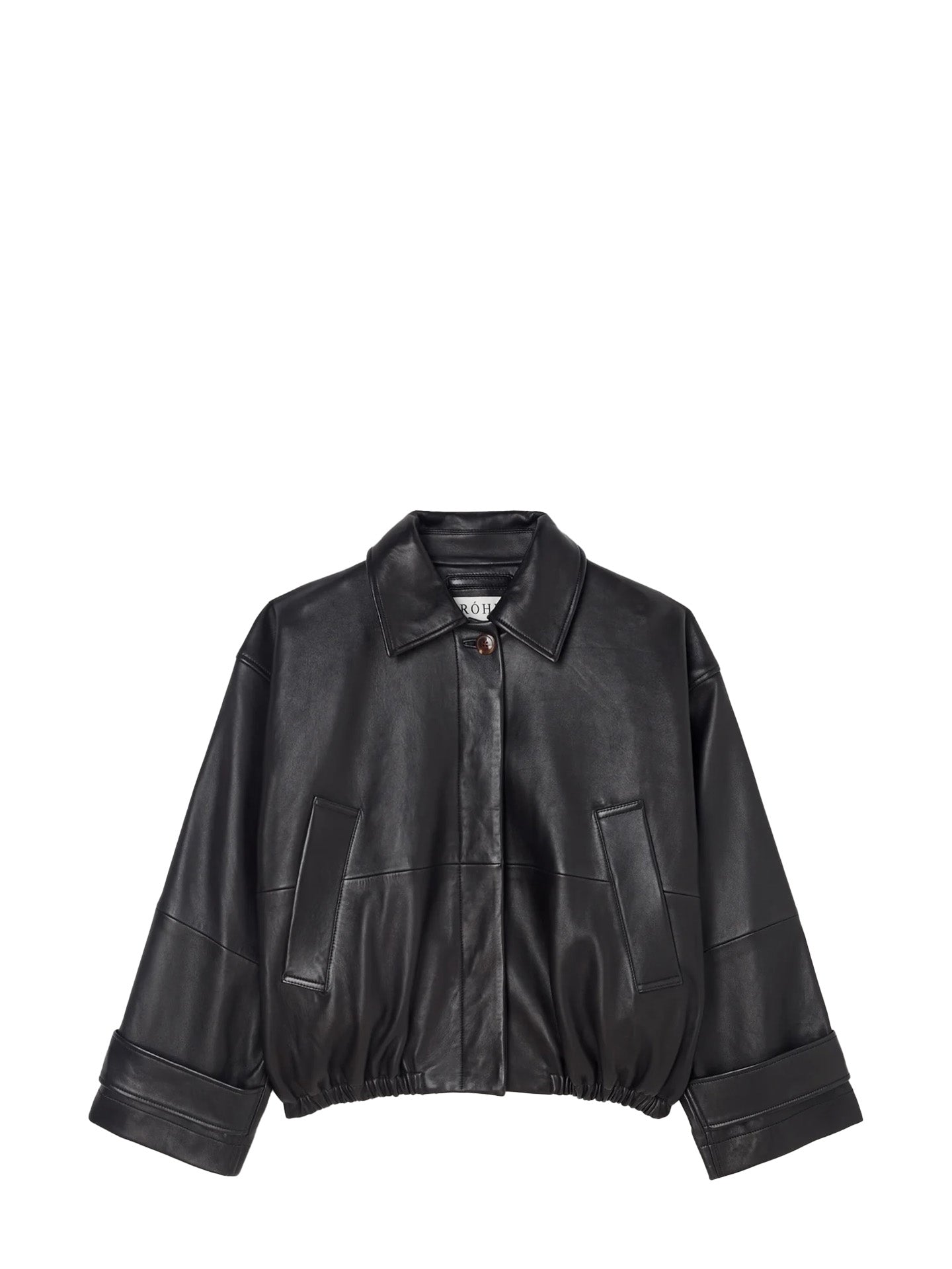 Black leather bomber style blouson jacket with wide sleeves and hidden closure against a white backround