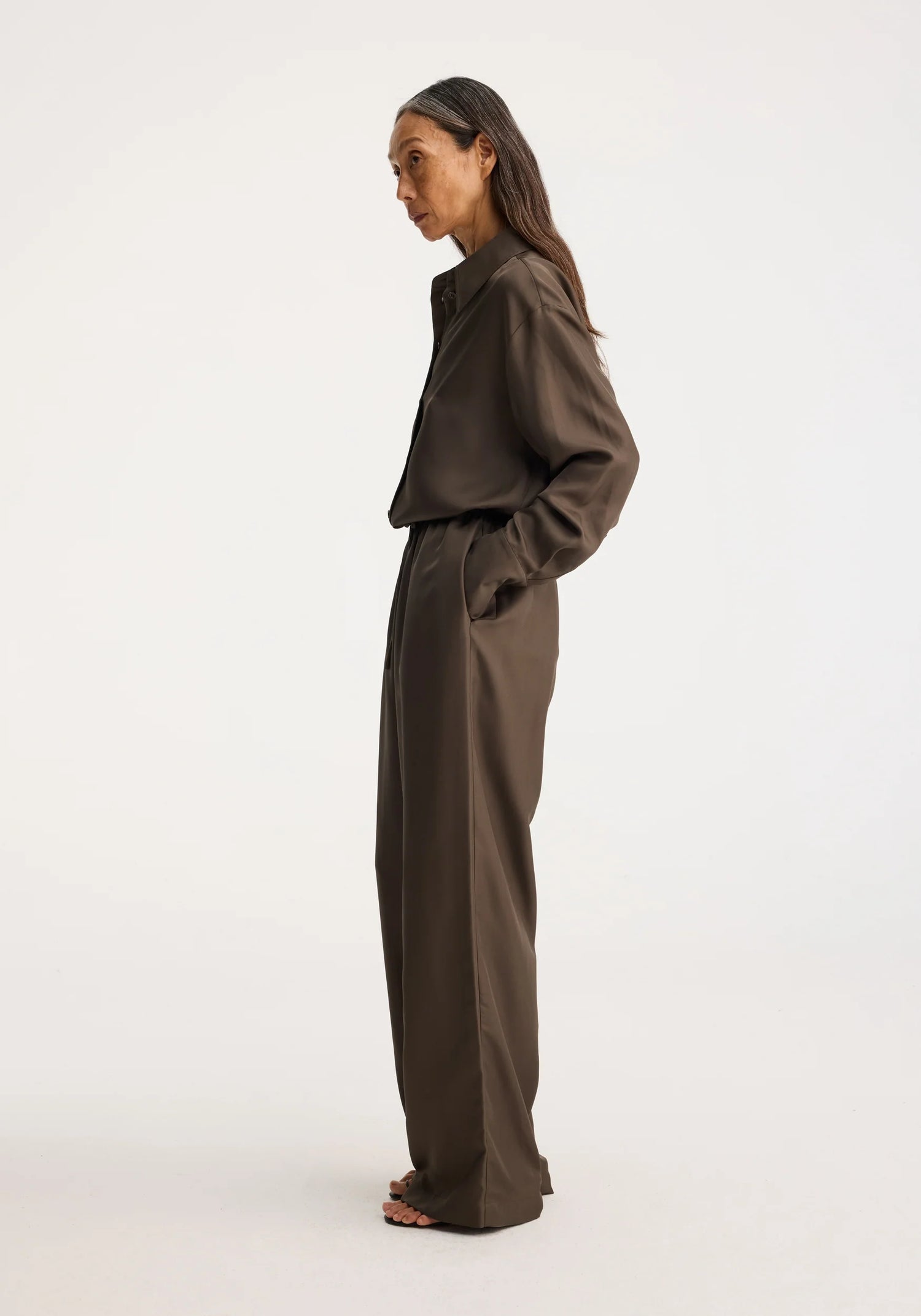 Wide leg silk trousers, earth