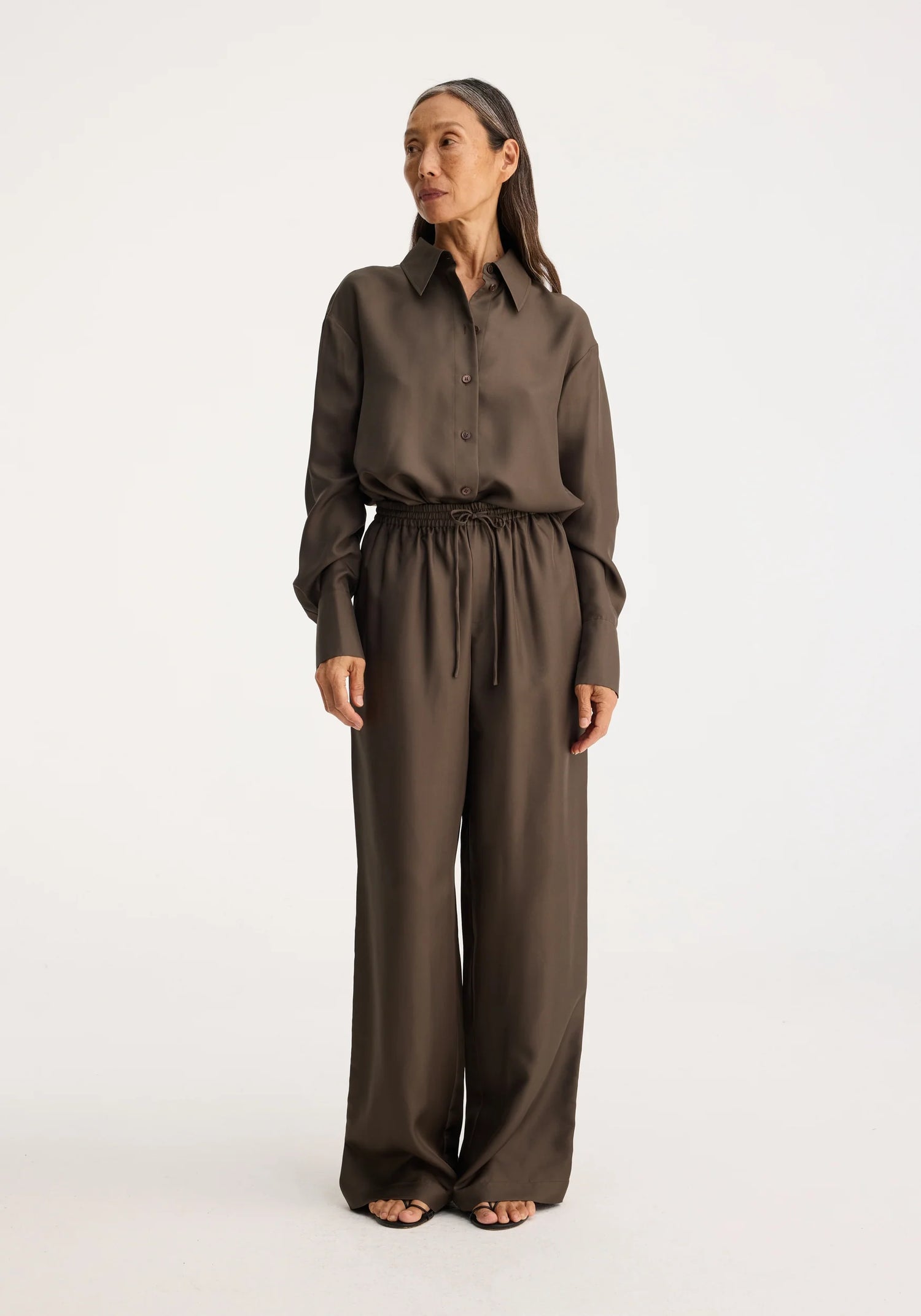 Wide leg silk trousers, earth