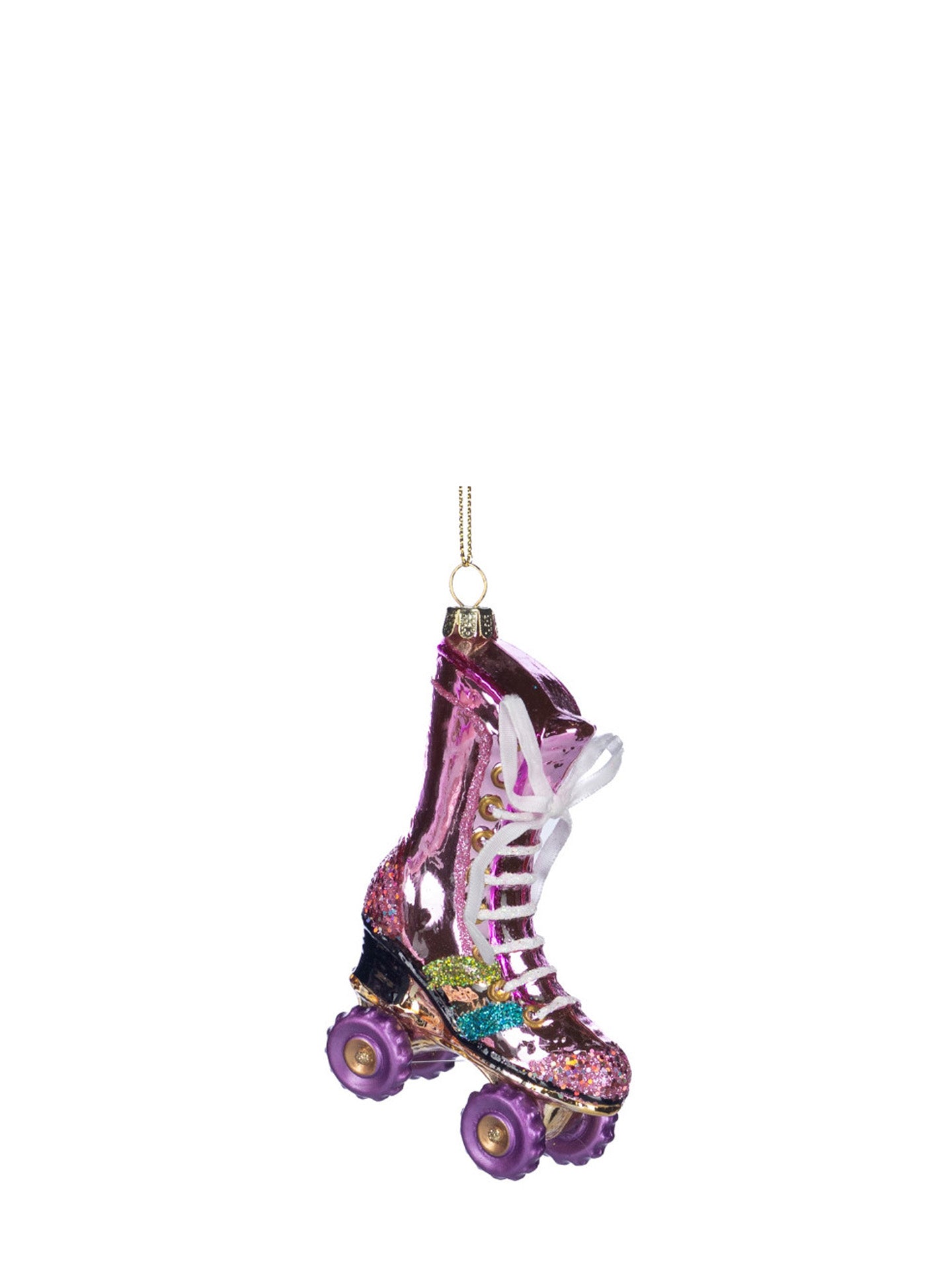 Roller skate boot glass ornament, shiny pink