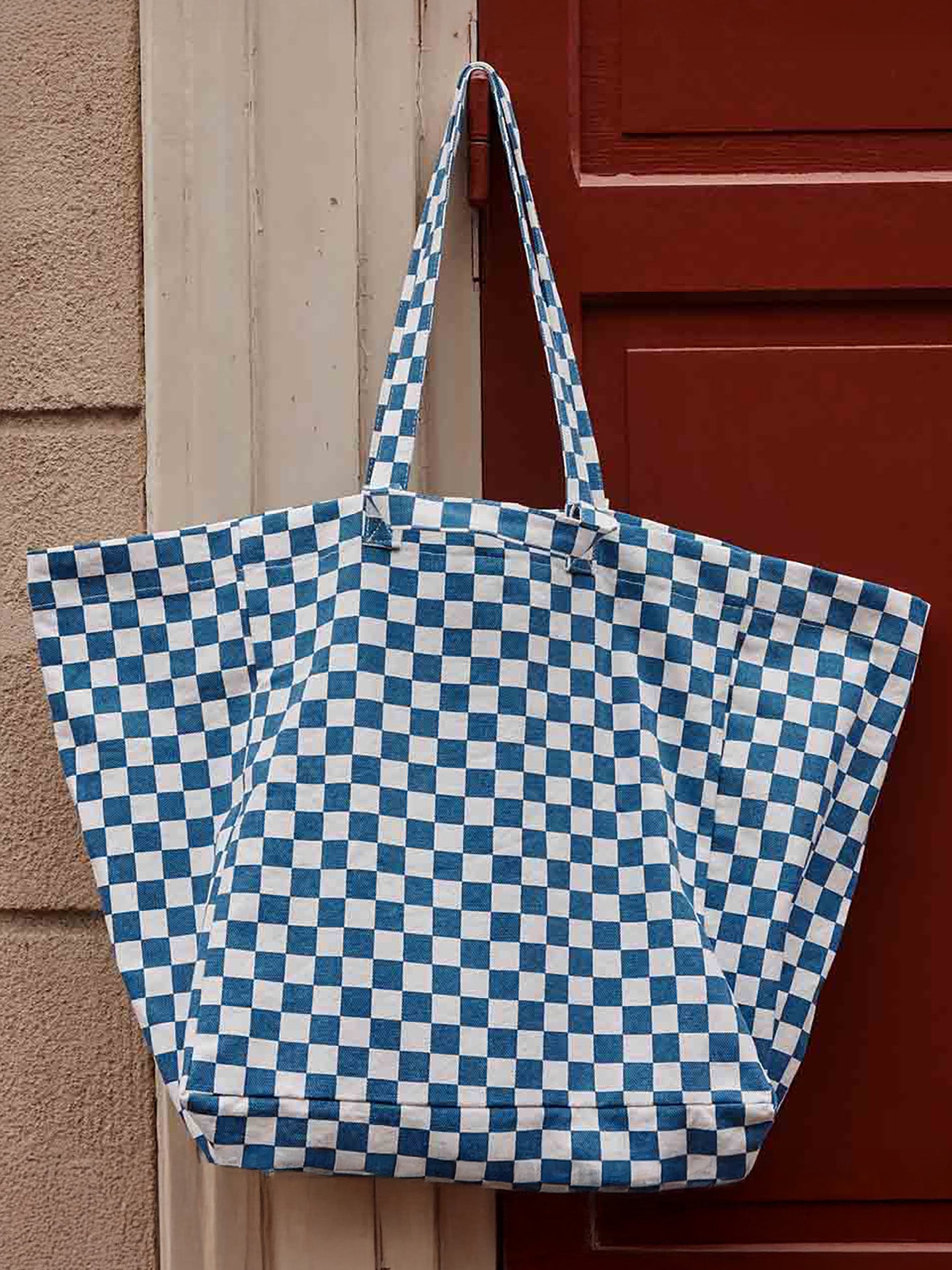 Elisa tote bag checks, blue midnight/ivory