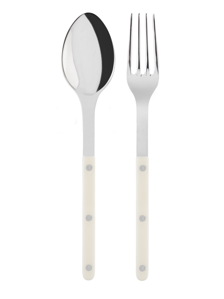 A serving fork and spoon with white handles 