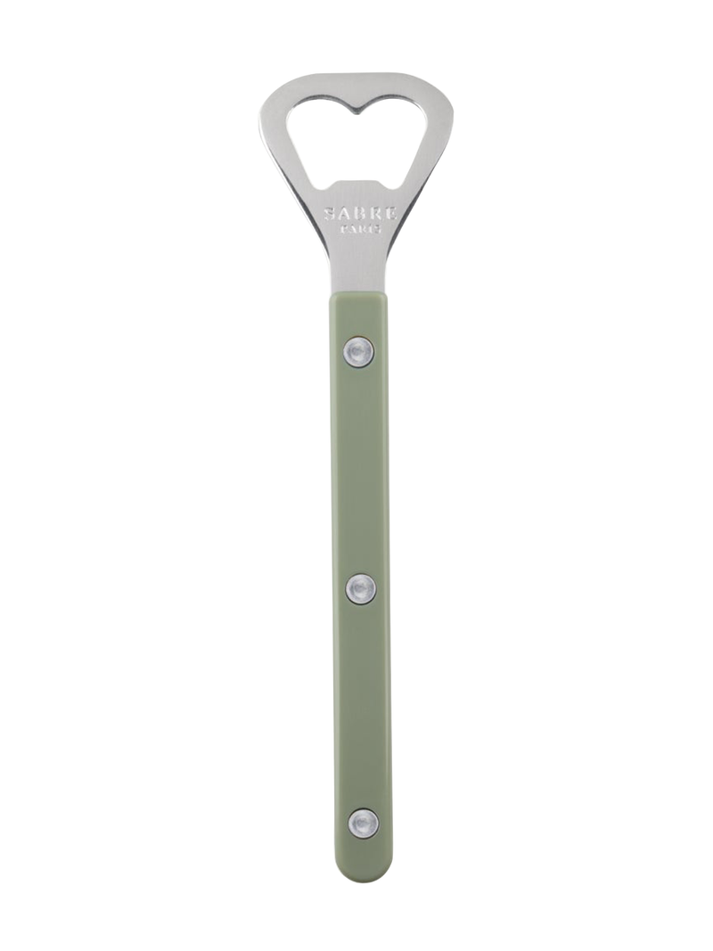 modern bottle opener in sage and stainless steel