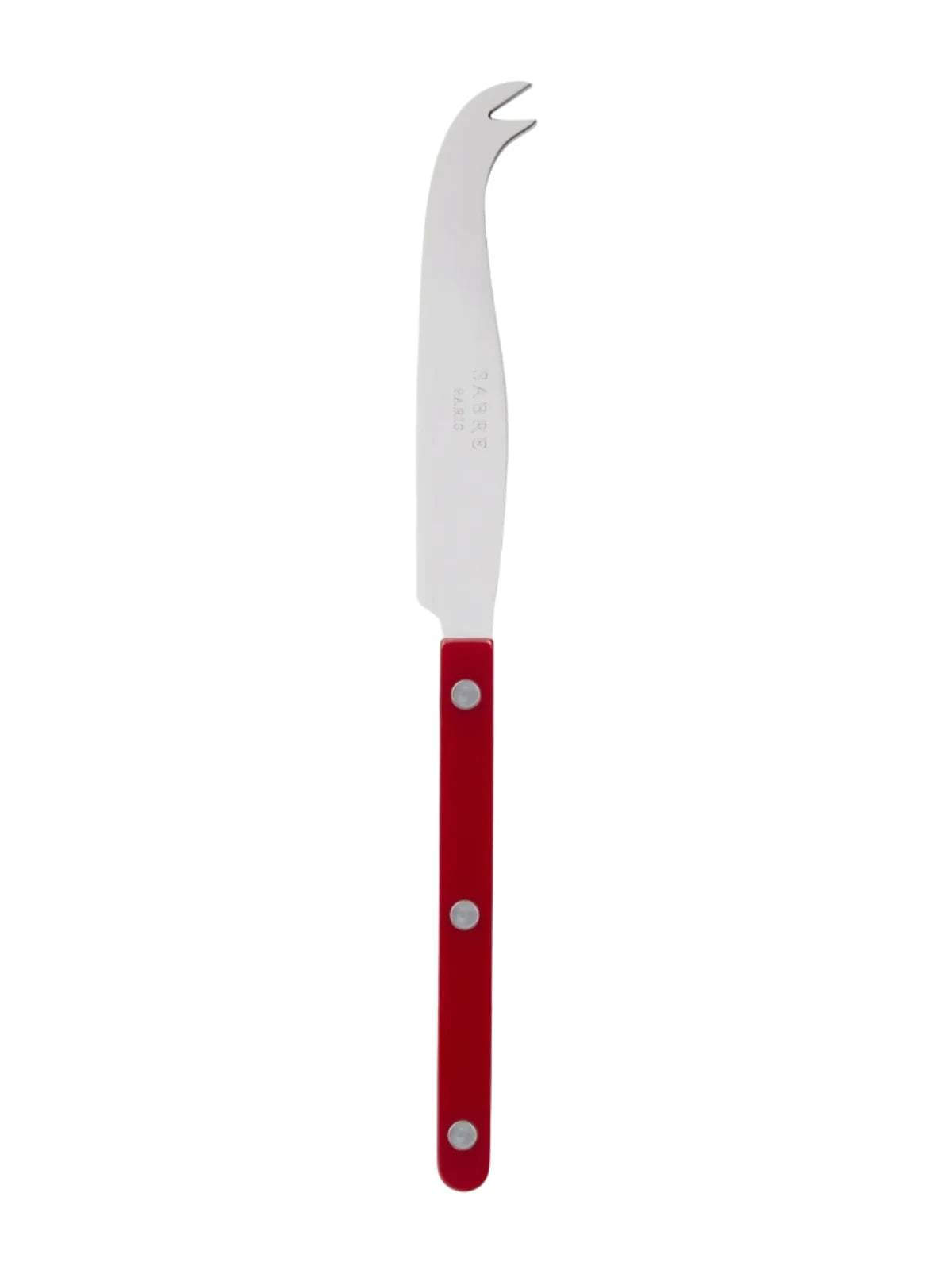 A cheese knife with a red handle and a metal blade, featuring two teeth at the end.