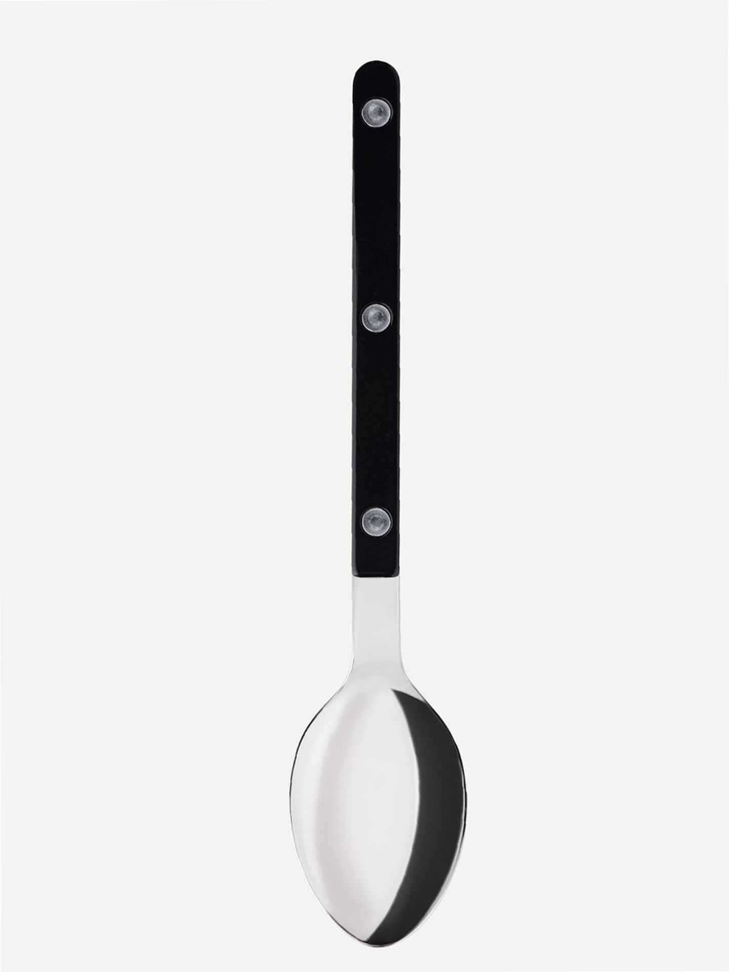 This dessert spoon from the Bistrot series by Sabre Paris is made from shiny stainless steel. The spoon is 19 cm, the black handle is acrylic with metal rivets. It's easy to clean in the dishwasher!