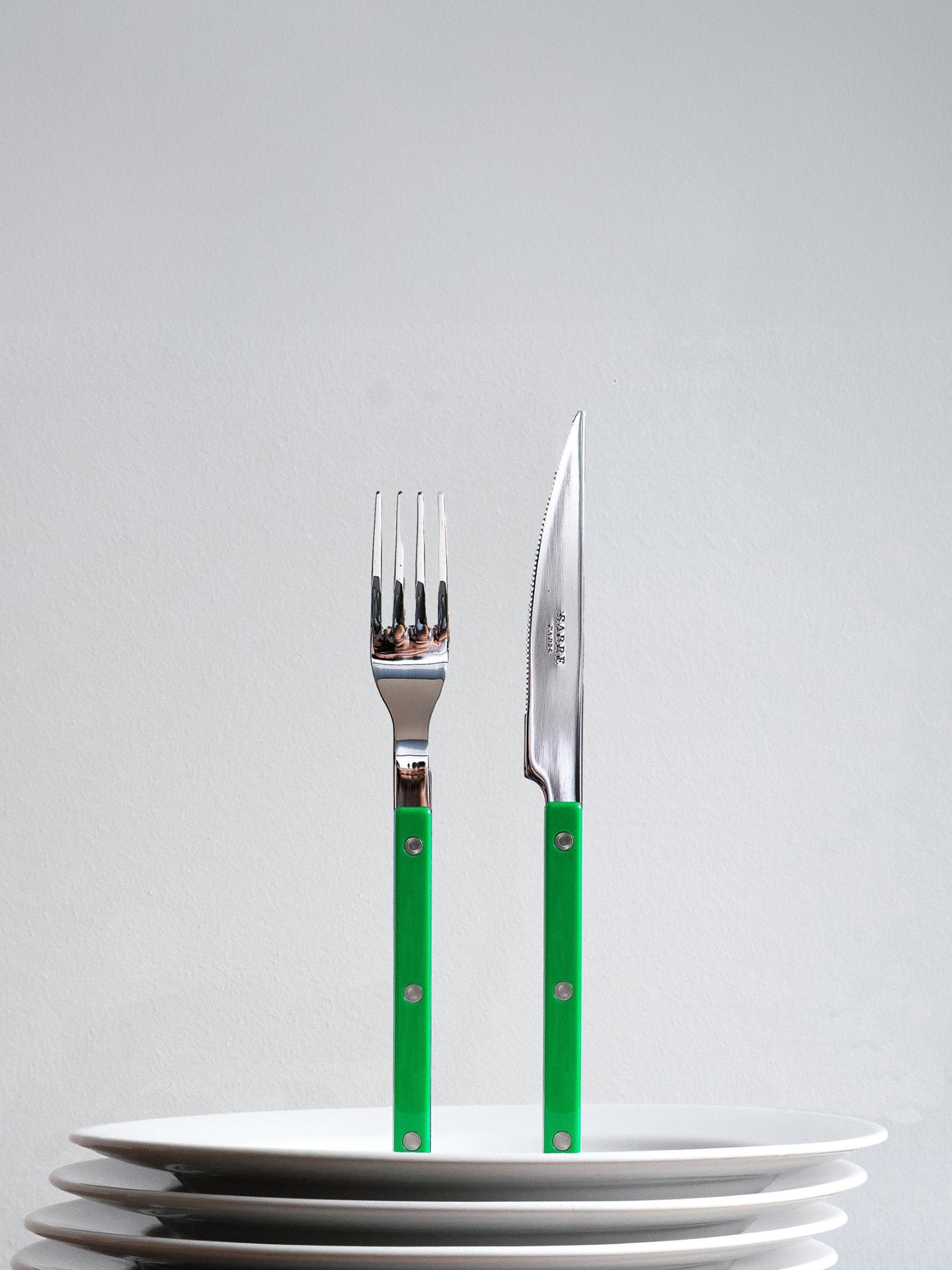 The acrylic handle in the Bistrot series is decorated with stainless steel rivets. The Bistro garden green dinner knives are easy just to shove in a dishwasher to clean.