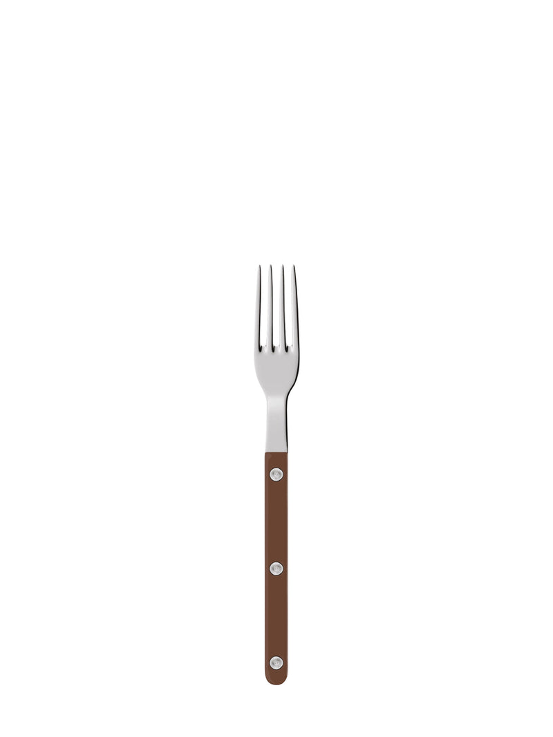 Fork with a brown handle on a white background