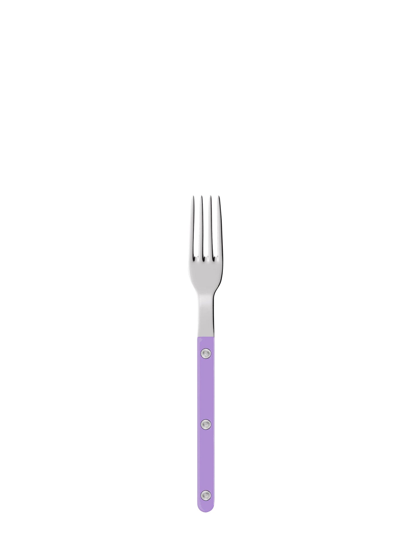 Stainless steel fork with a purple handle on a white background