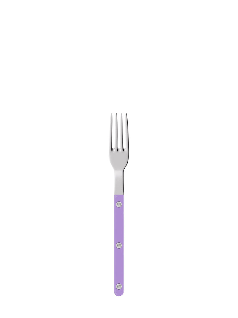 Stainless steel fork with a purple handle on a white background