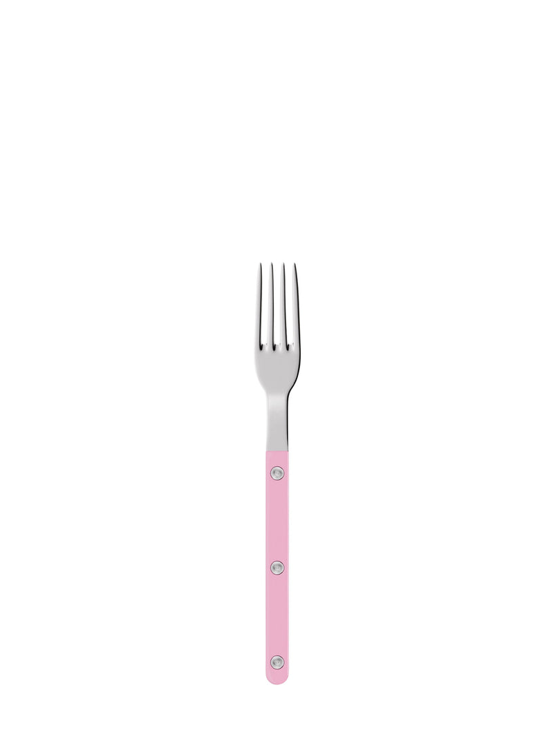 Stainless steel fork with a pink handle on a white background
