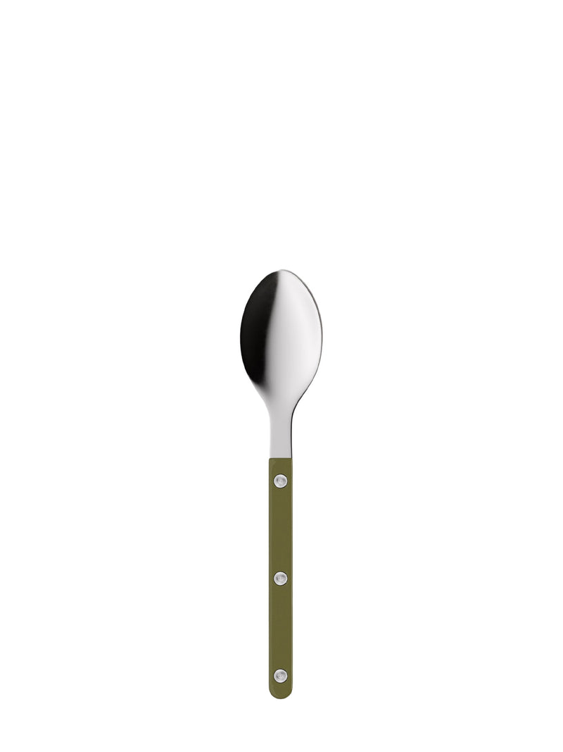 Spoon with a khaki green handle on a white background