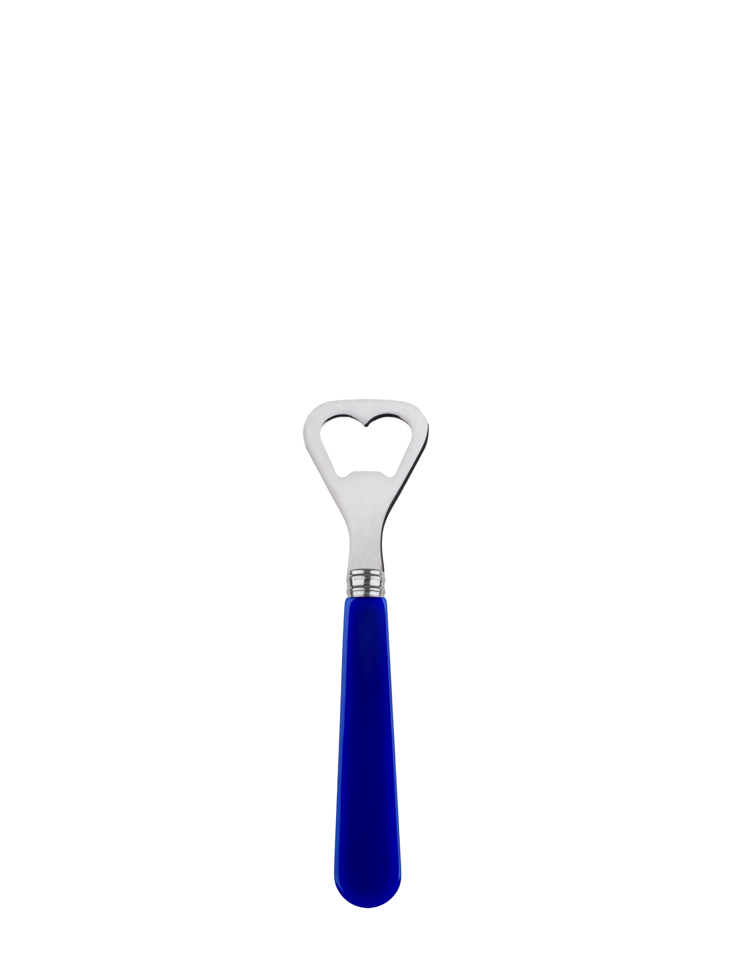 Duo bottle opener in lapis blue, the stainless steel shines with the acrylic handle.