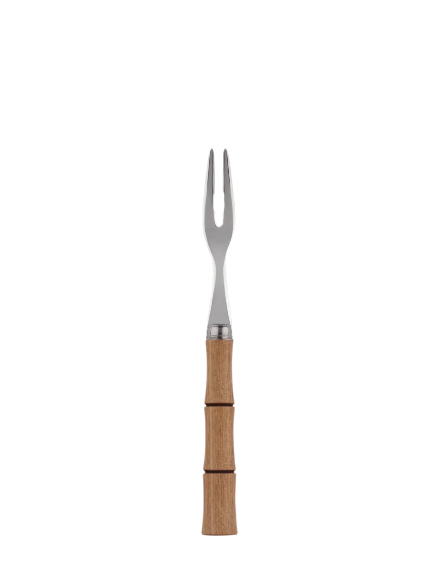 A bamboo cocktail fork with a wooden handle and stainless steel prongs, isolated on a white background.