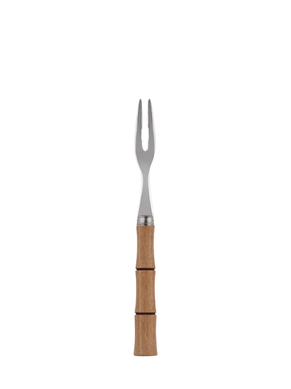 A bamboo cocktail fork with a wooden handle and stainless steel prongs, isolated on a white background.