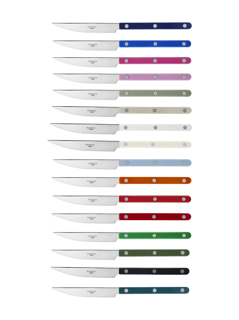 A selection of Bistrot series dinner knives with colored acrylic handles, displayed in a range of 16 colors.