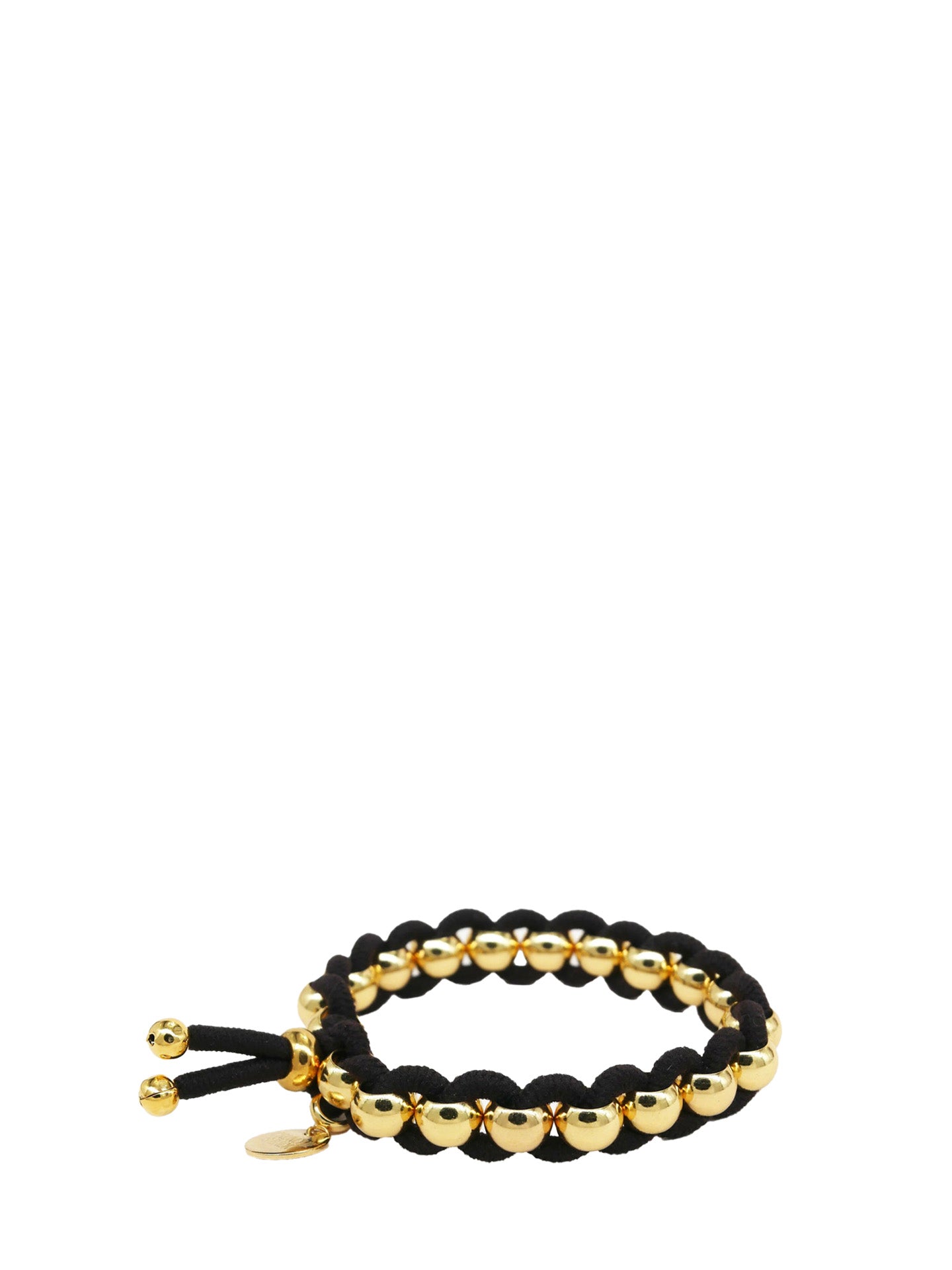 A black and gold beaded stretch bracelet hair tie with a gold toggle clasp, photographed on a solid white background.