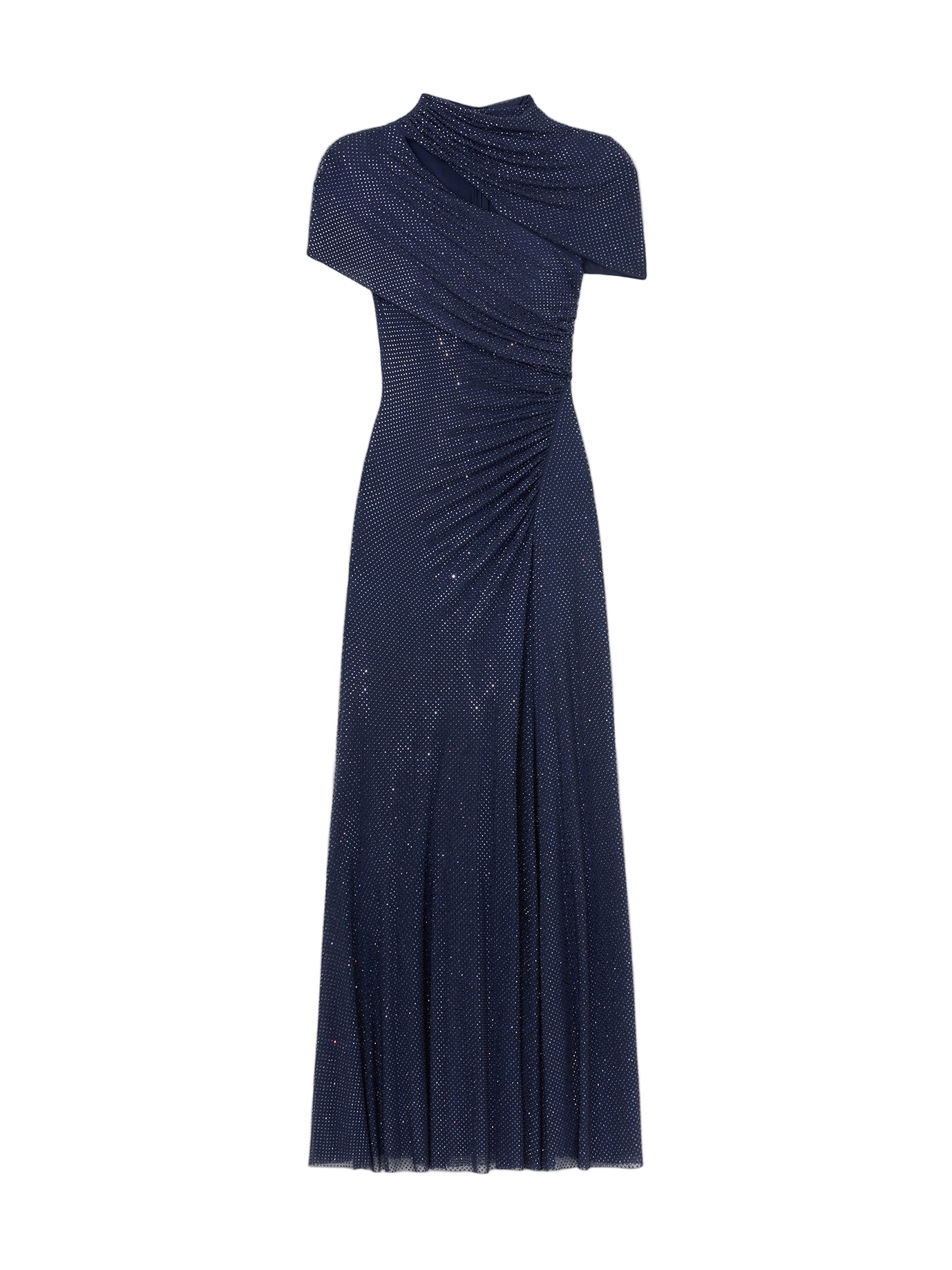 Navy blue evening gown with a draped neckline on a white background