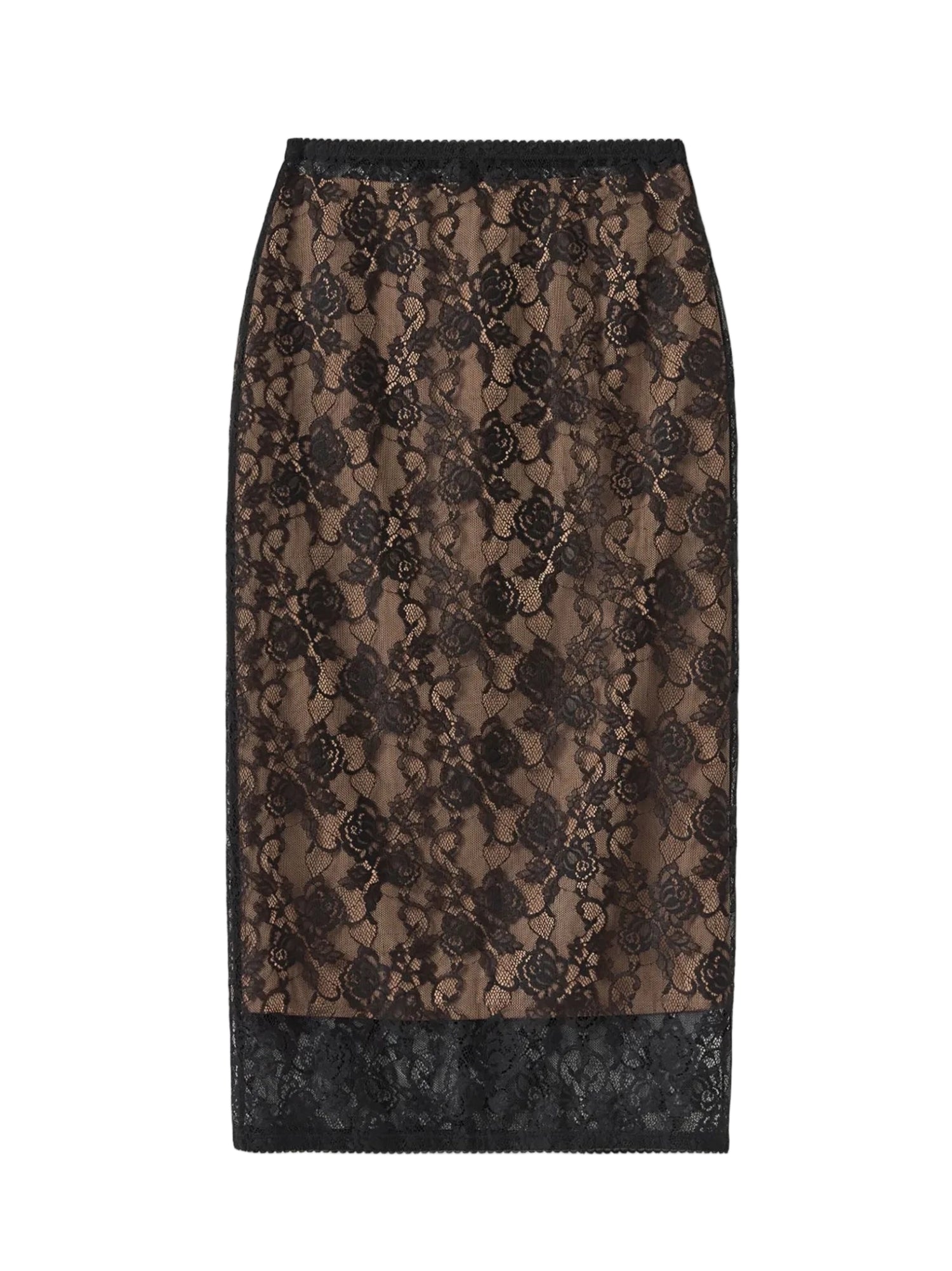 Black lace pencil skirt on a white background