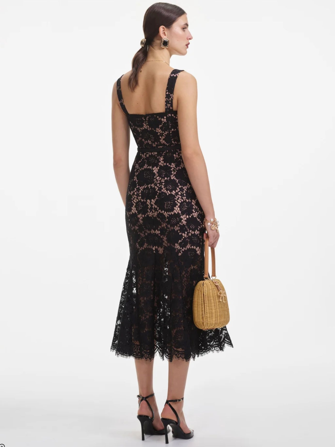 Fine lace midi dress, black