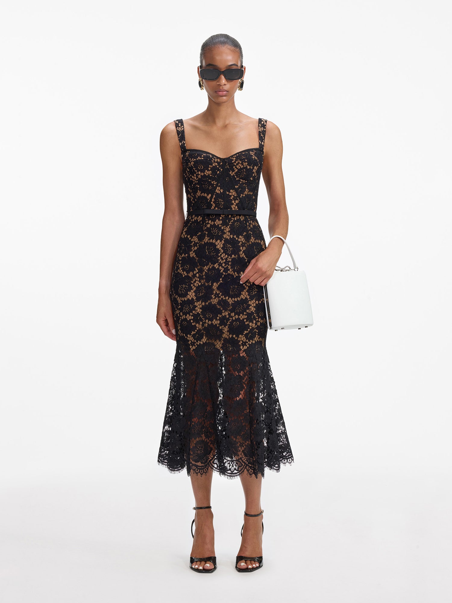 Fine lace midi dress, black