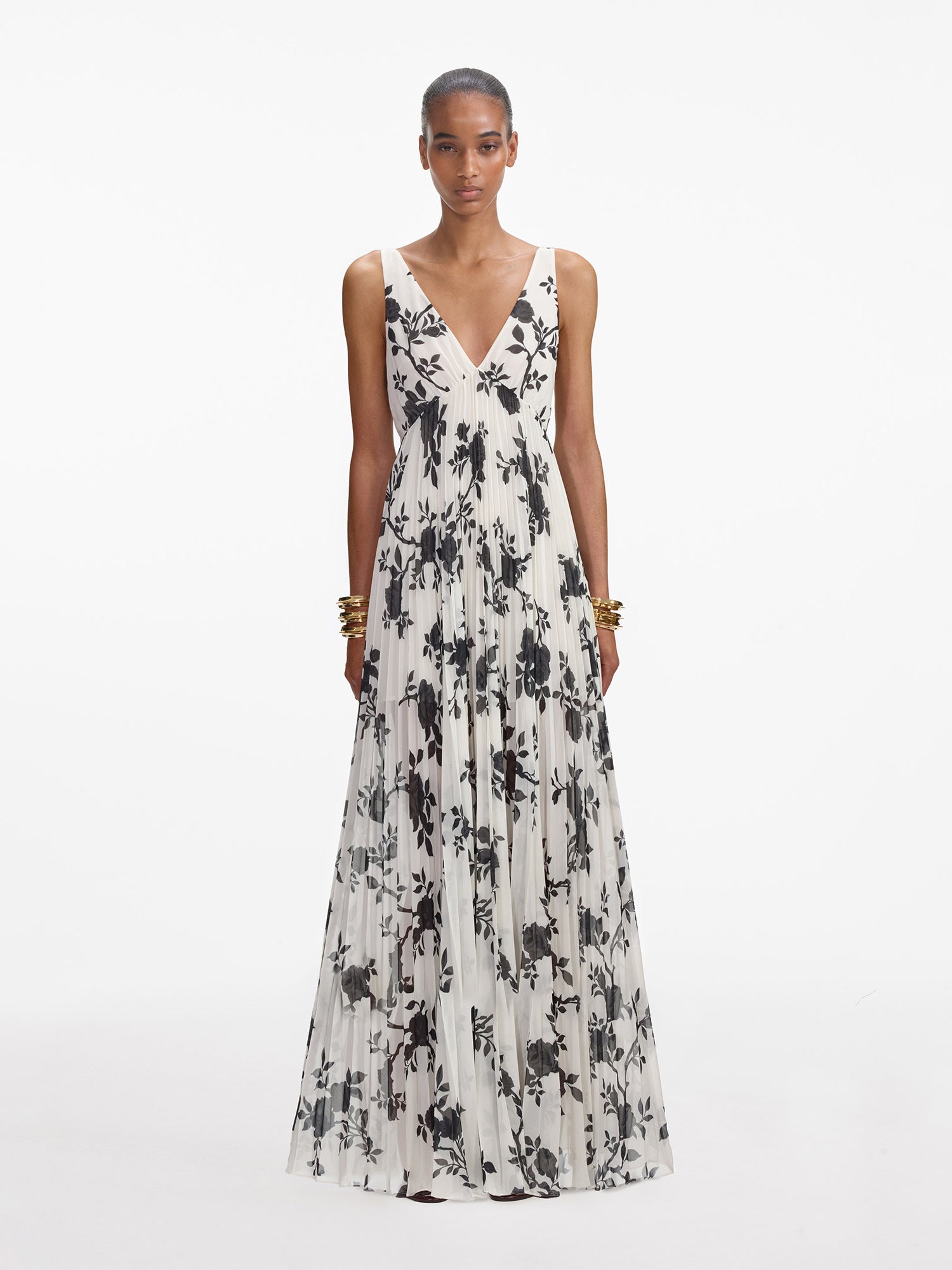 Floral print chiffon maxi dress, black and white