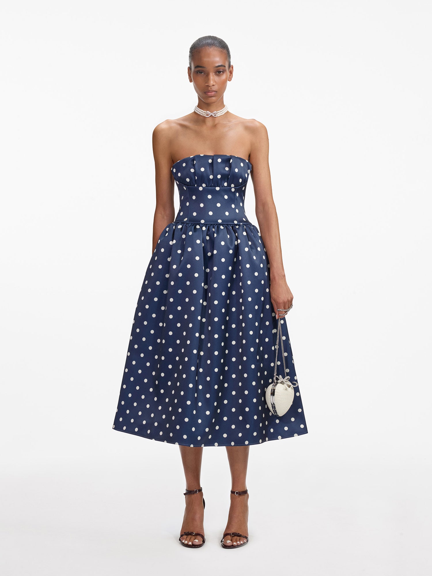 Polka dot satin midi dress, navy