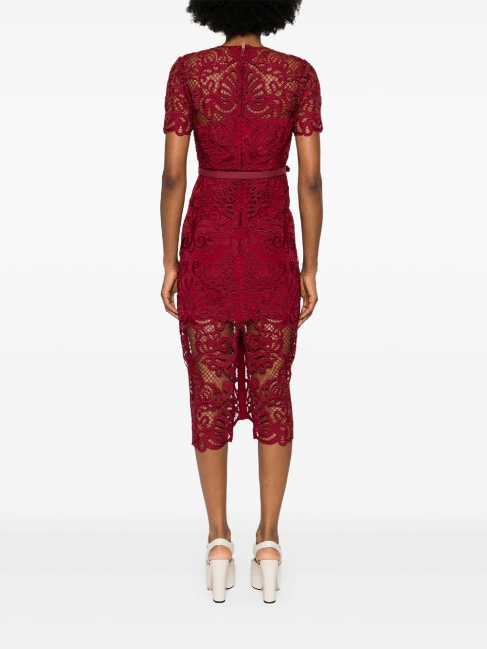 Guipure Lace Button Midi Dress, red